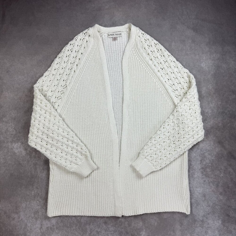 Knox Rose Open Front Knit Cardigan White Textured‎ Design Long Sleeve